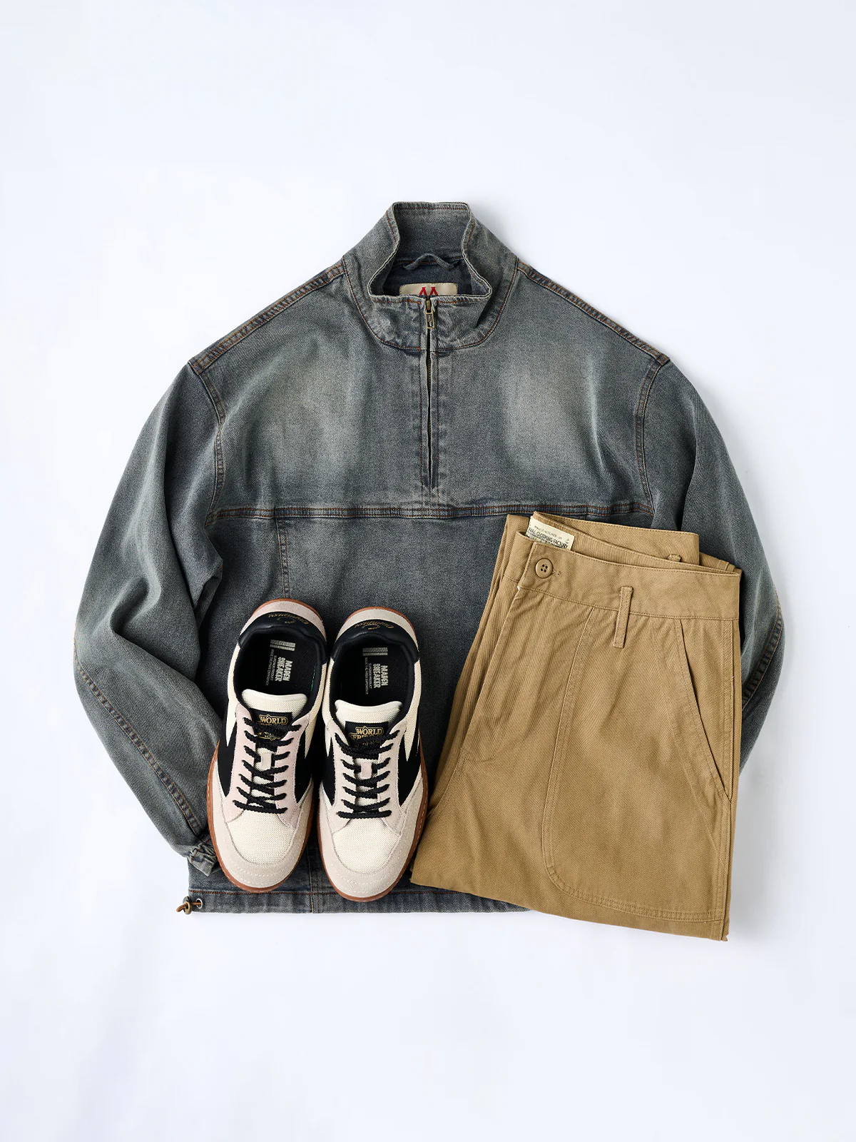 Washed Stand Collar Half-Zip Denim Pullover Shirt - Image 16