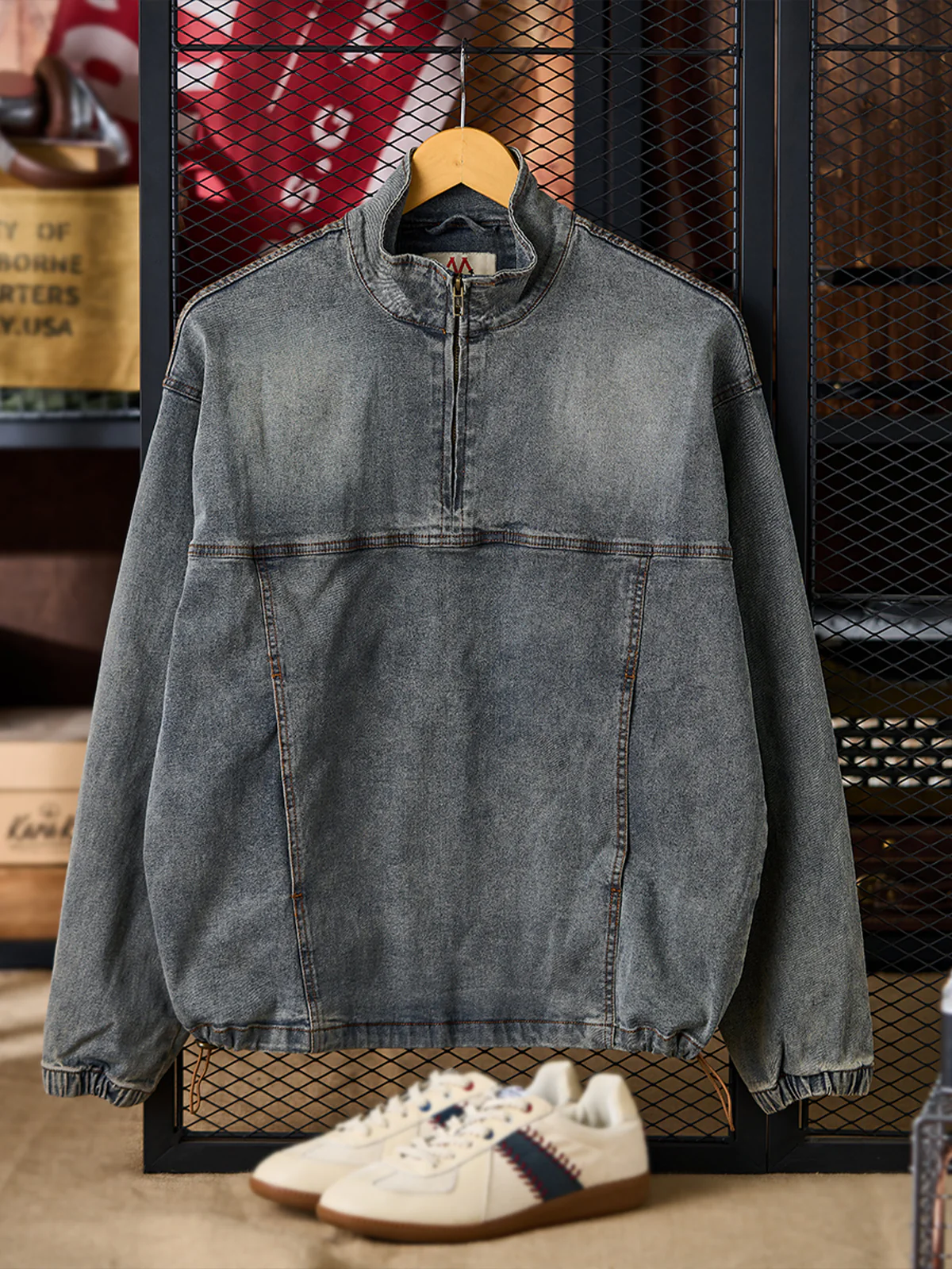 Washed Stand Collar Half-Zip Denim Pullover Shirt - Image 3