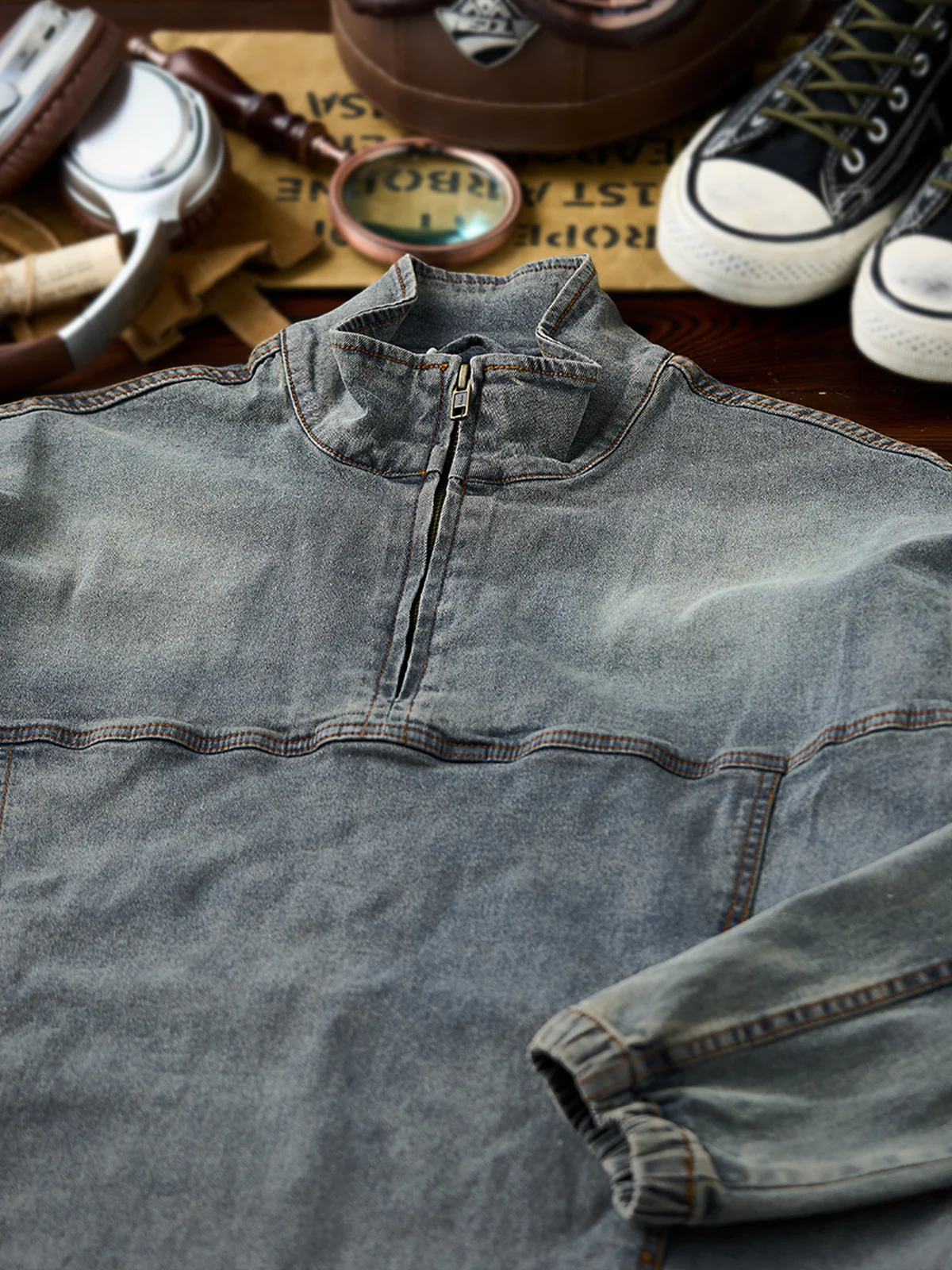Washed Stand Collar Half-Zip Denim Pullover Shirt - Image 4