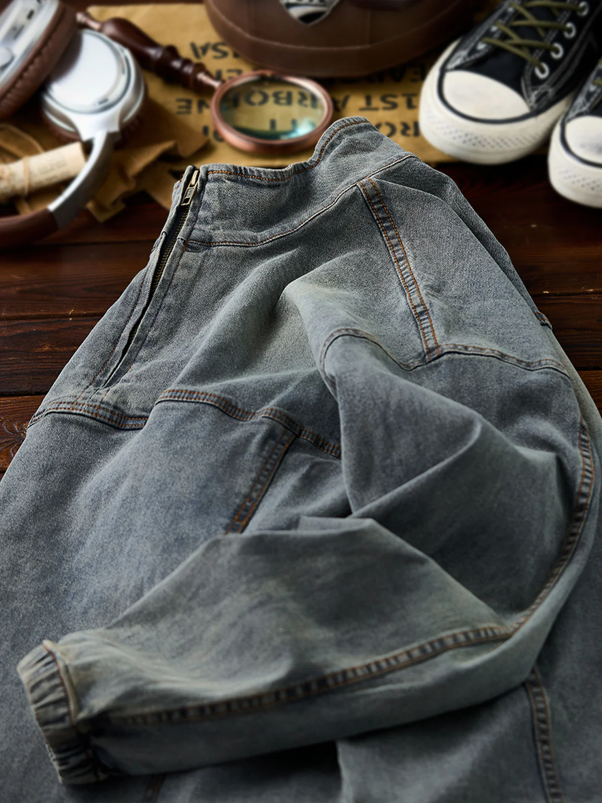 Washed Stand Collar Half-Zip Denim Pullover Shirt - Image 5