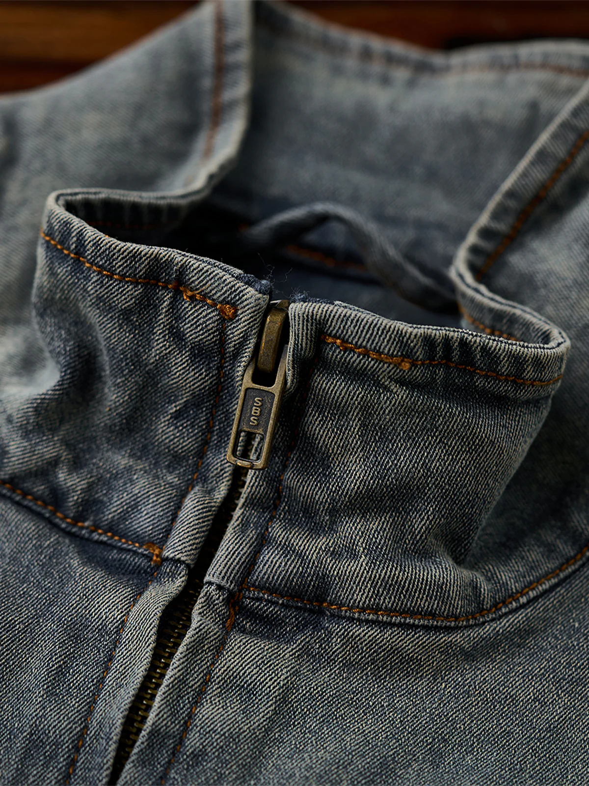 Washed Stand Collar Half-Zip Denim Pullover Shirt - Image 9