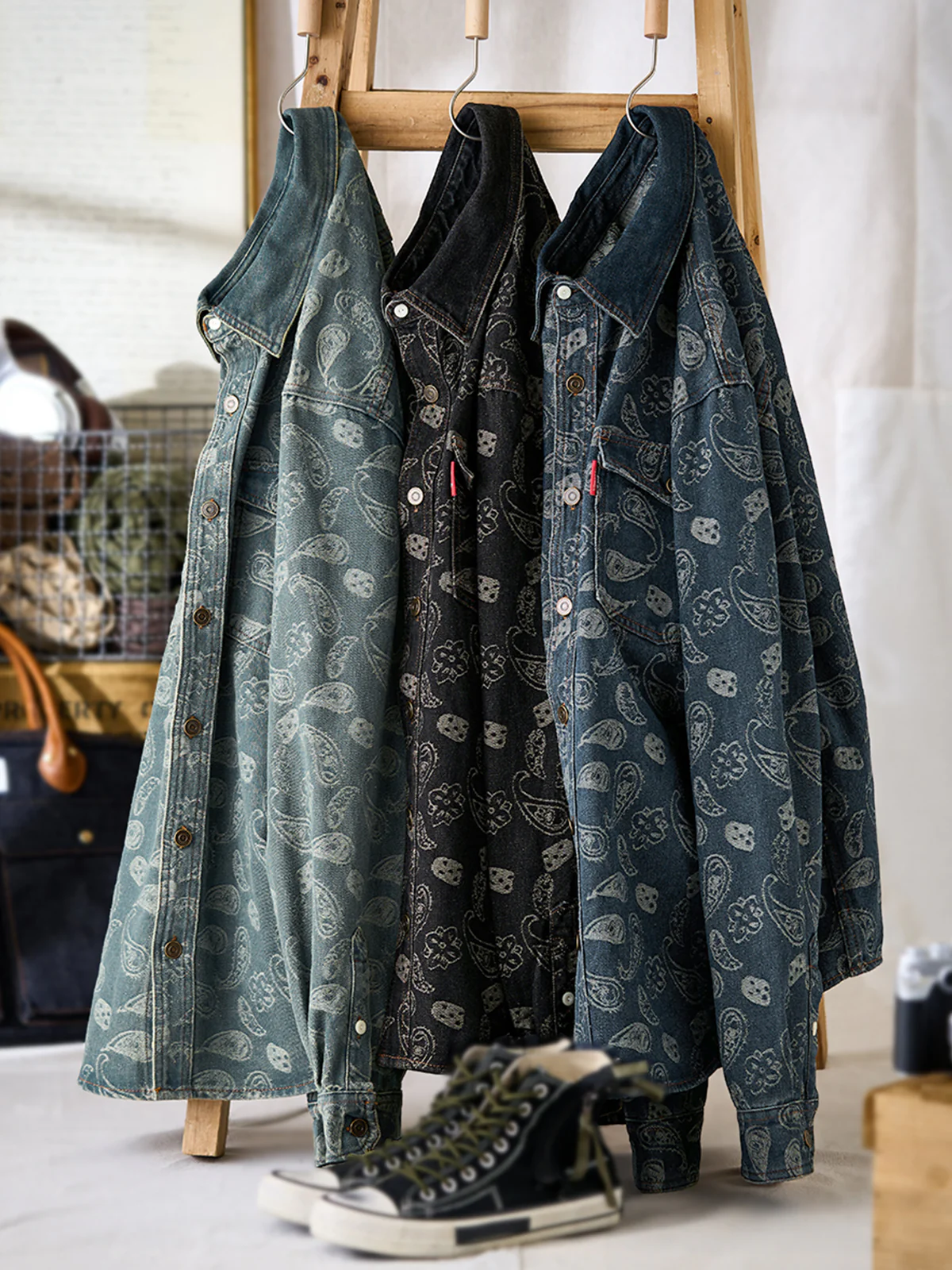 All-over Paisley Jacquard Weave Heavyweight Denim Overshirt - Image 5