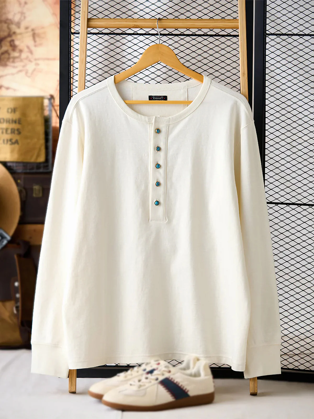 Turquoise-Style 5-Button Henley Long-Sleeve T-Shirt - Image 3