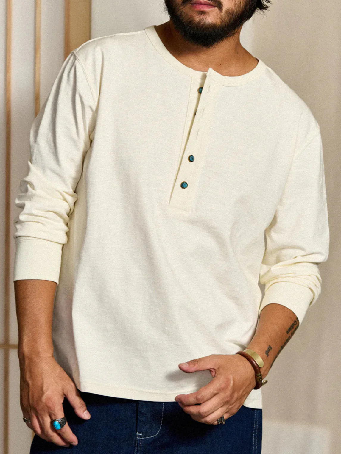 Turquoise-Style 5-Button Henley Long-Sleeve T-Shirt - Image 4