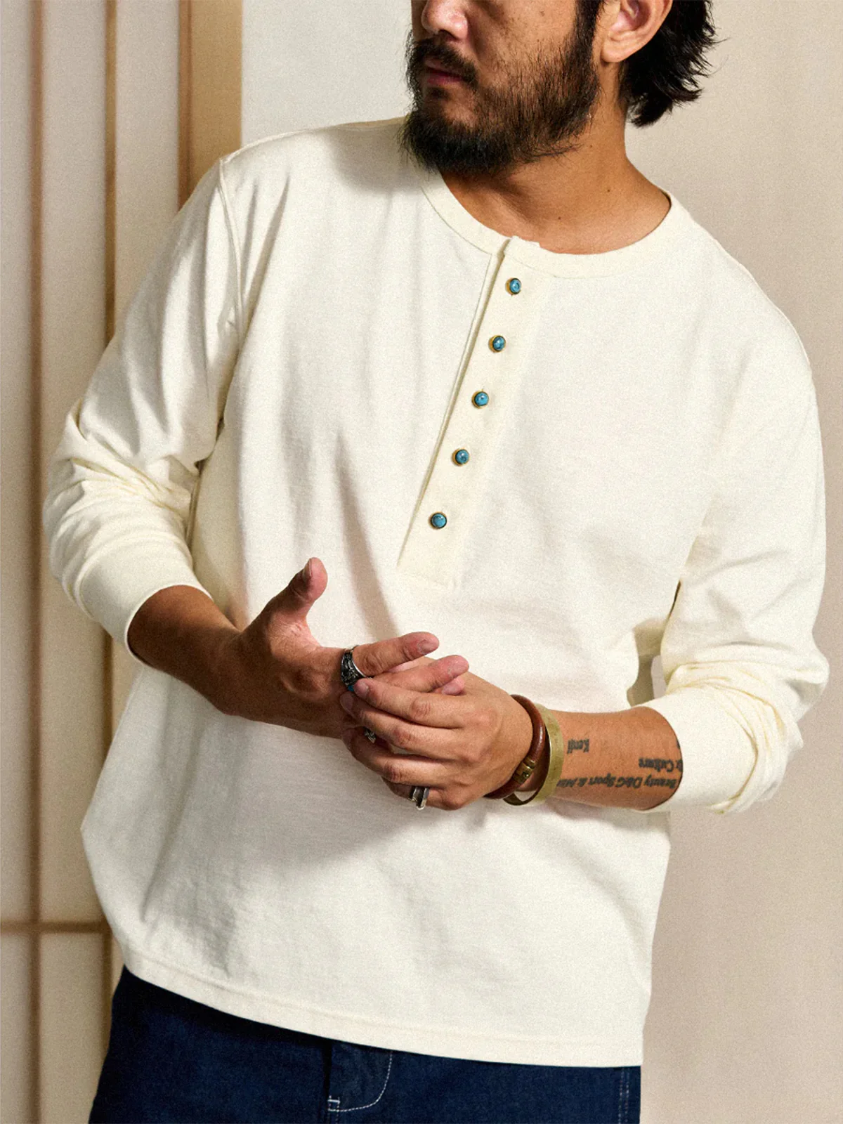 Turquoise-Style 5-Button Henley Long-Sleeve T-Shirt - Image 5