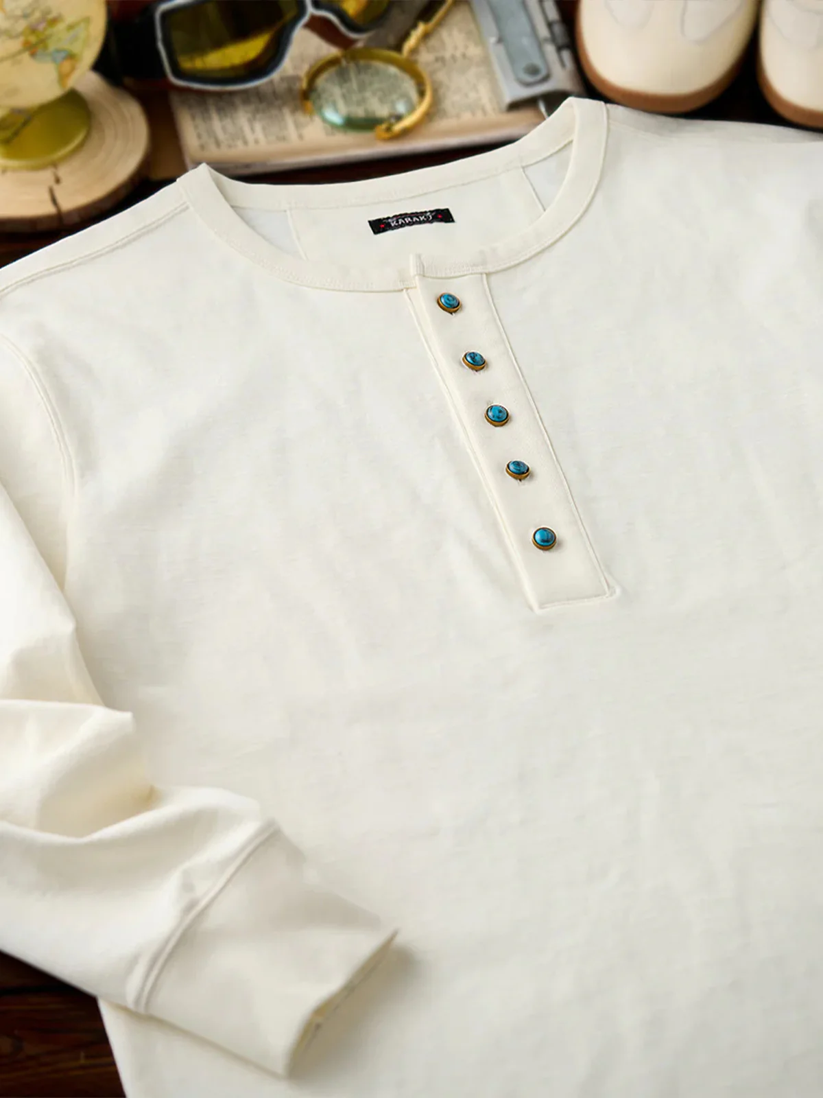 Turquoise-Style 5-Button Henley Long-Sleeve T-Shirt - Image 9