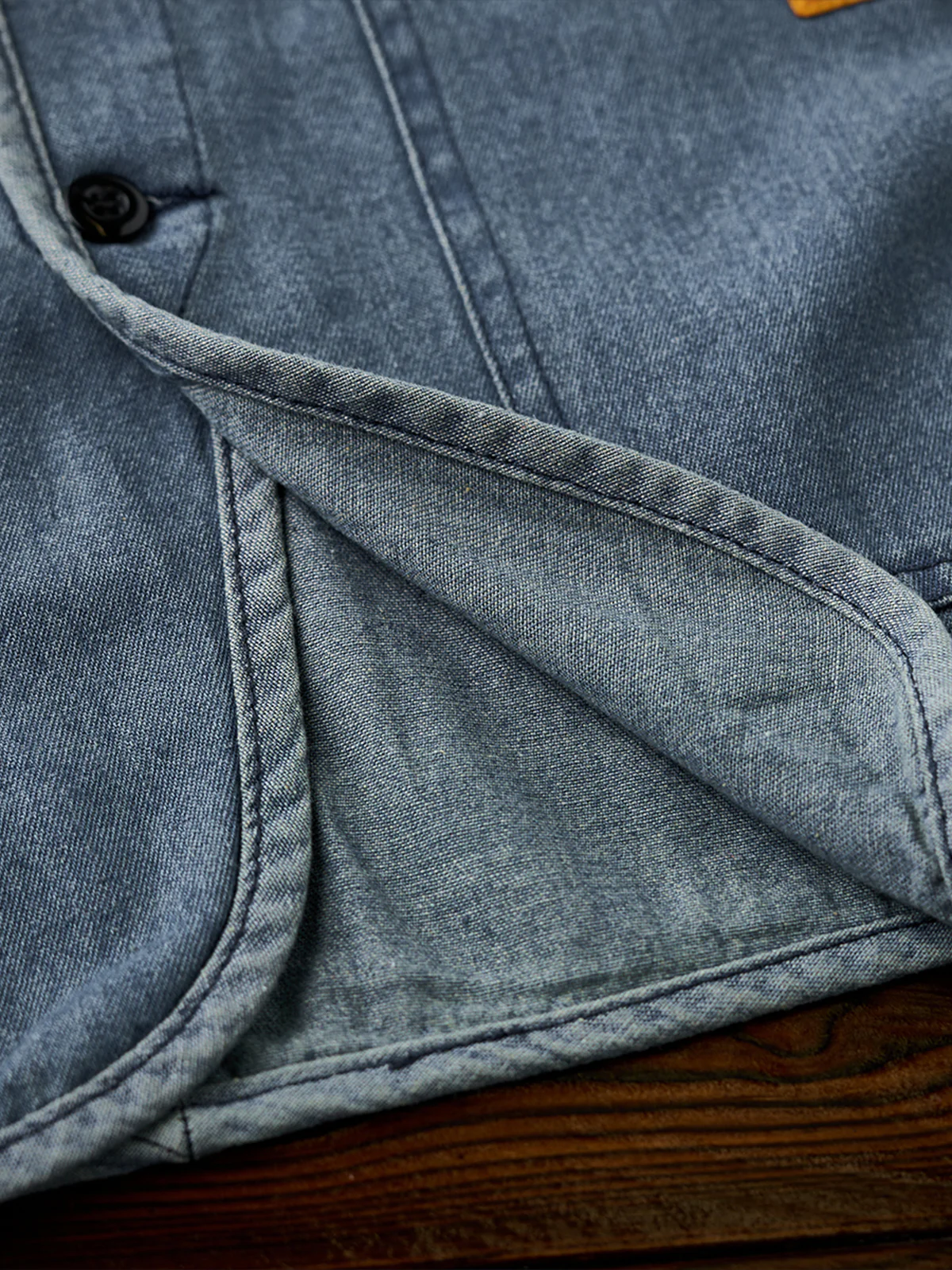 Contrast Button Collarless Denim Jacket - Image 15