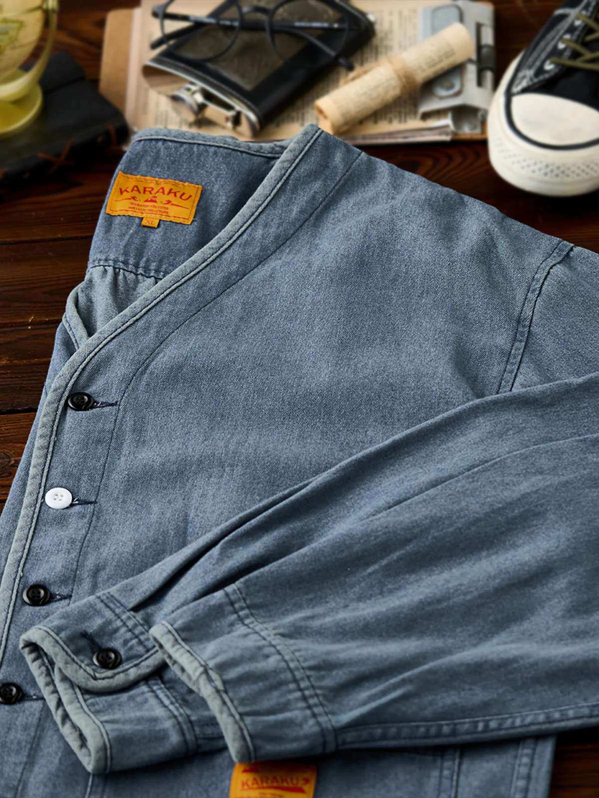 Contrast Button Collarless Denim Jacket - Image 5