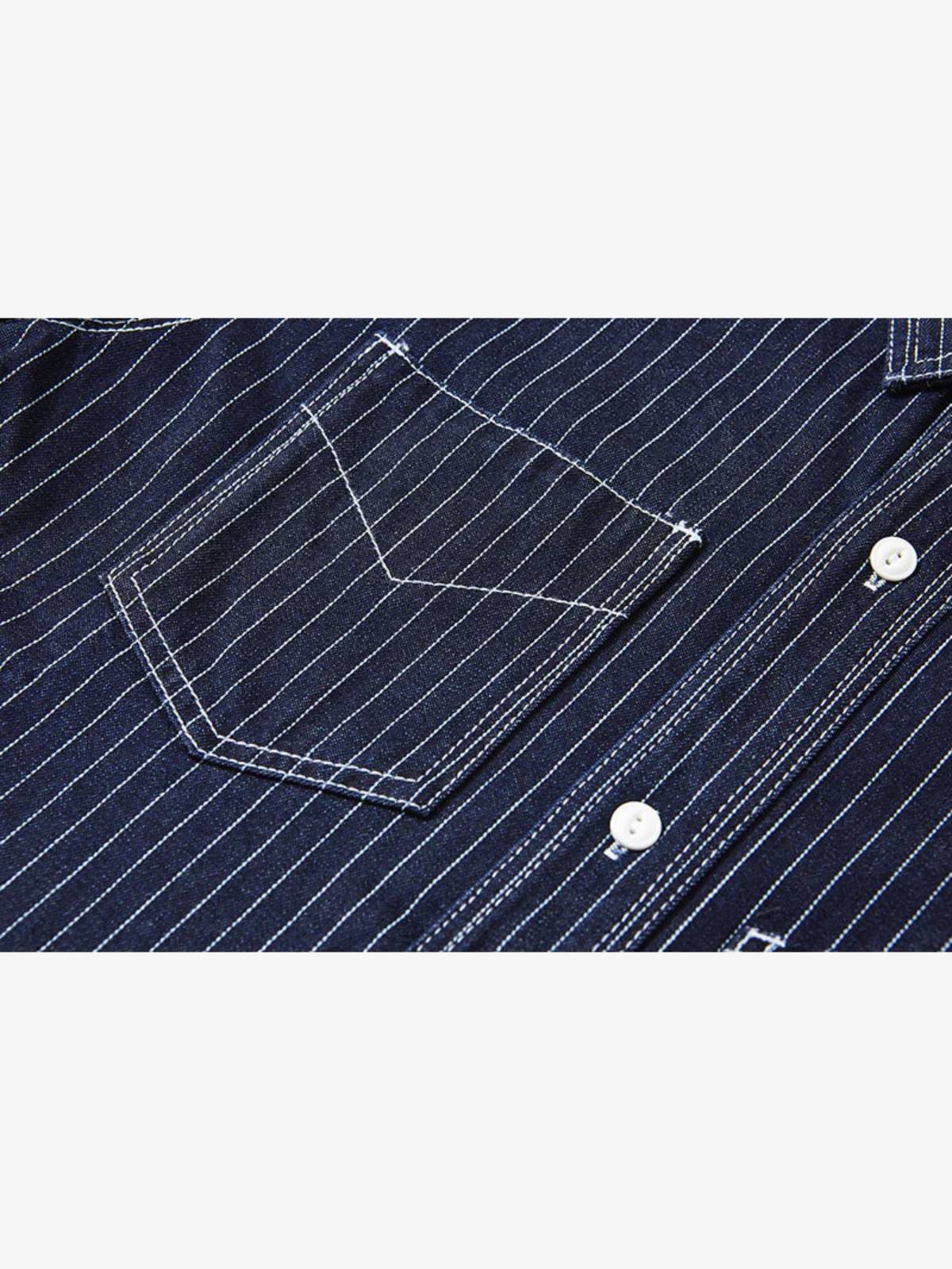 American Casual Style Indigo Stripe Denim Shirt - Image 11
