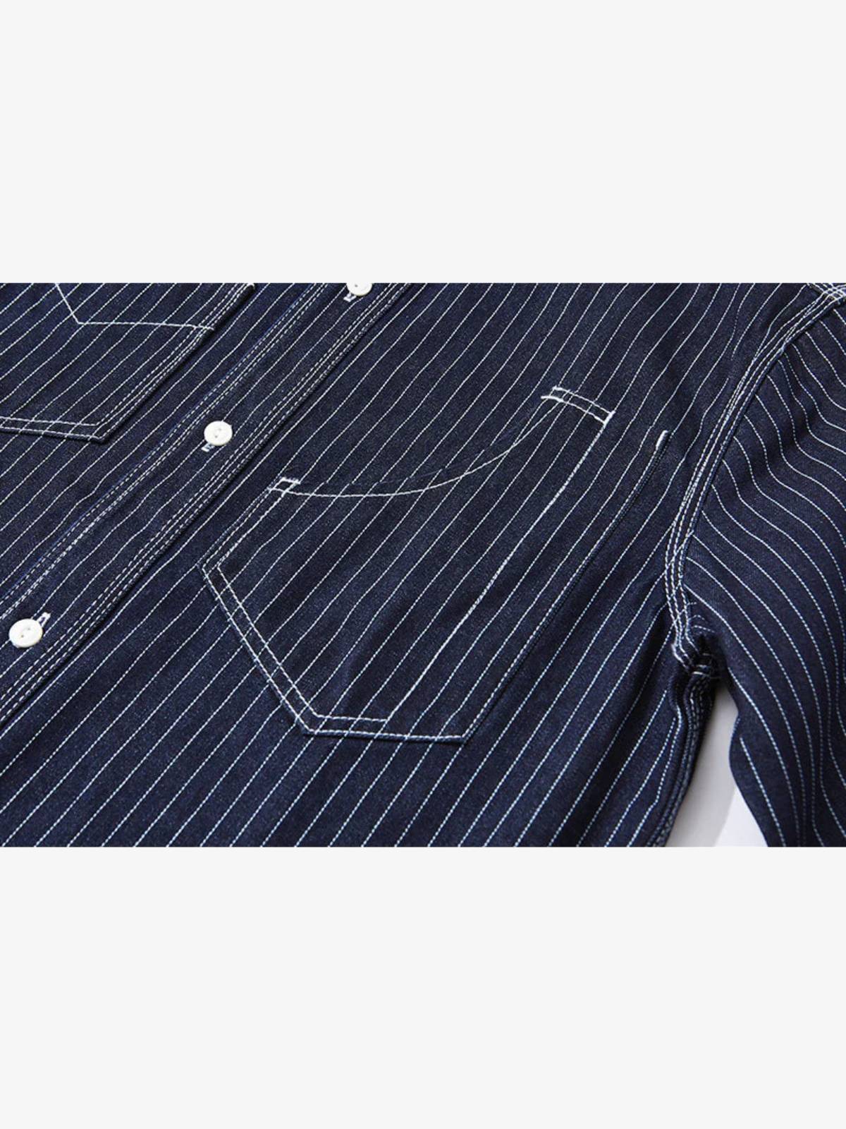 American Casual Style Indigo Stripe Denim Shirt - Image 12