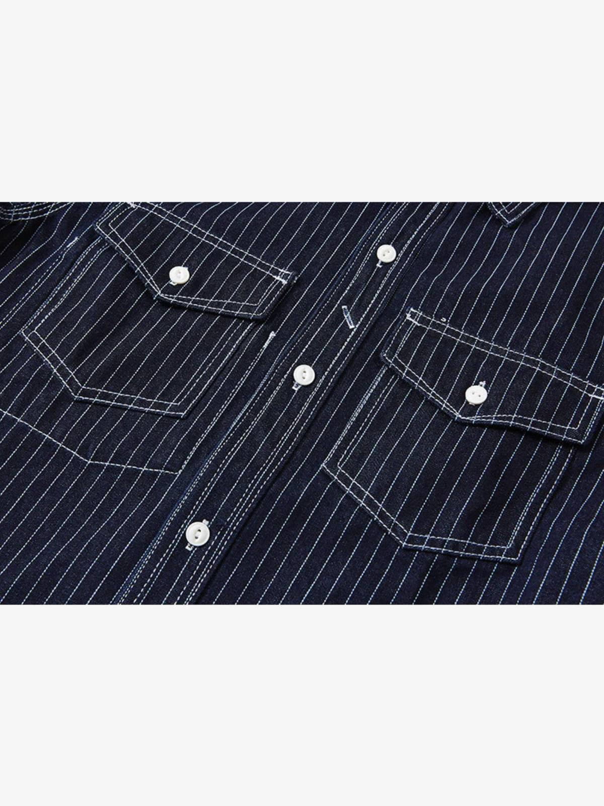 American Casual Style Indigo Stripe Denim Shirt - Image 13