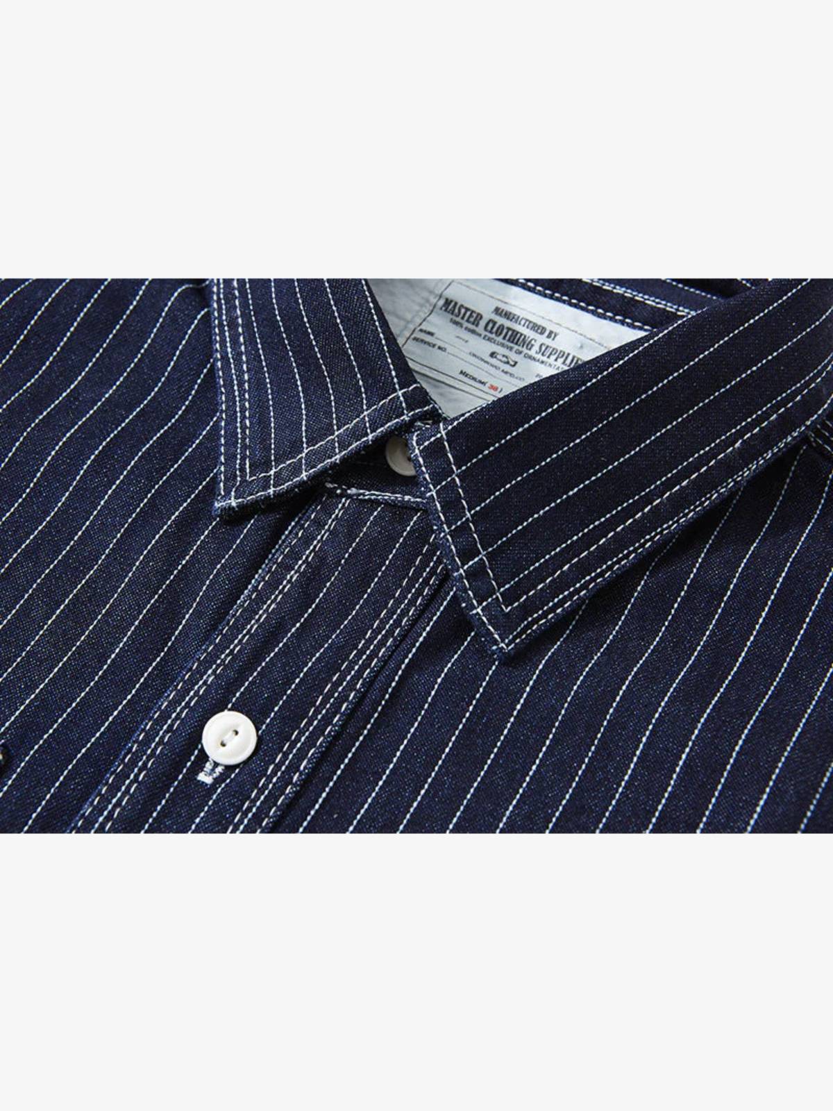 American Casual Style Indigo Stripe Denim Shirt - Image 8