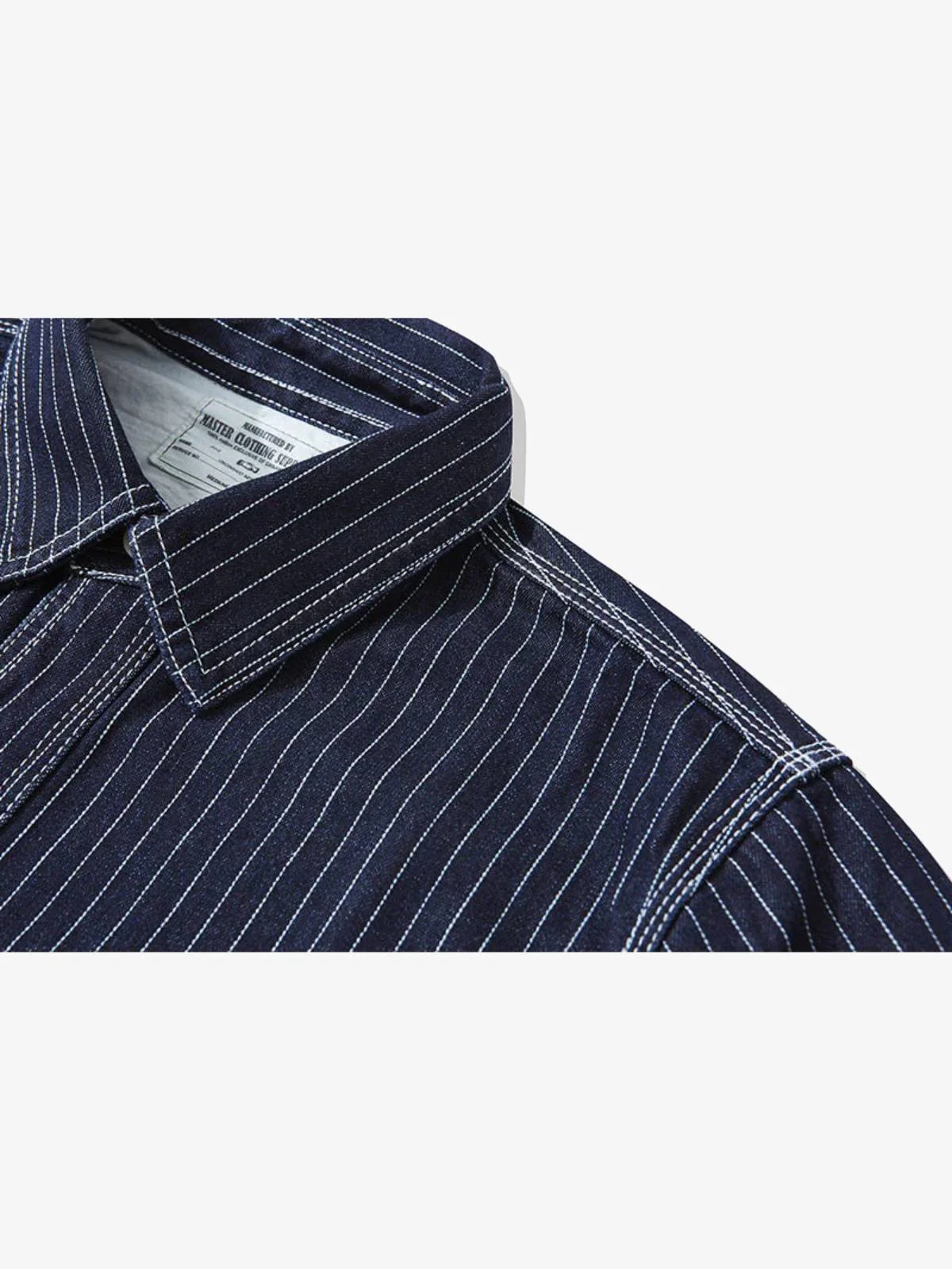 American Casual Style Indigo Stripe Denim Shirt - Image 9
