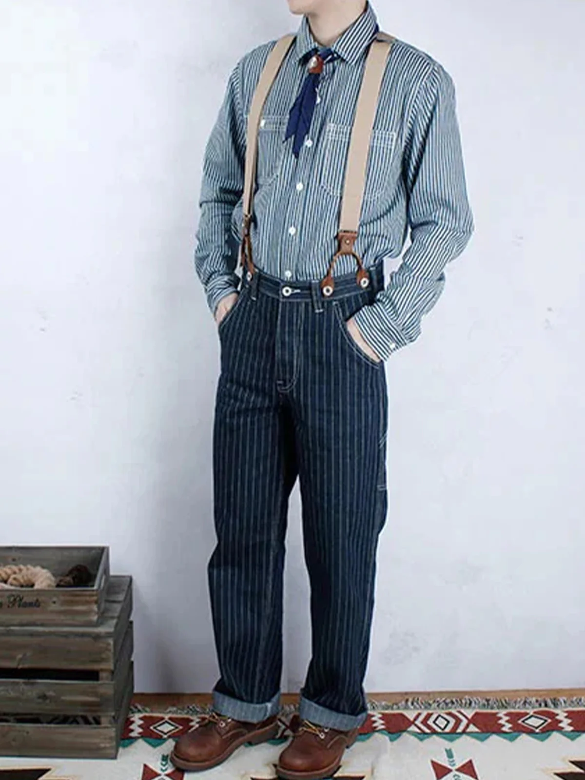 Classic Striped Wabash Suspenders Work Pants - Image 7
